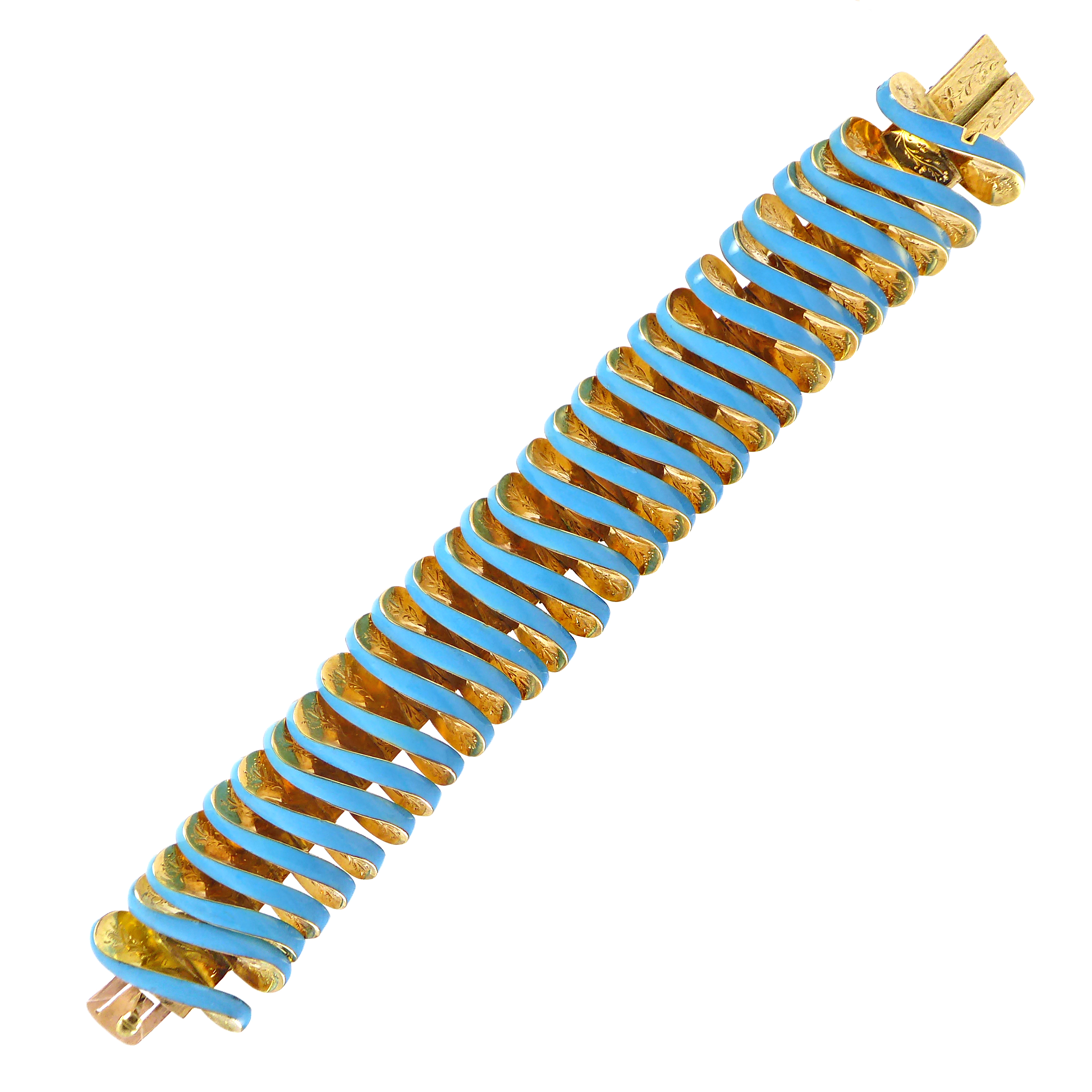 19th century blue enamel and gold scroll link panel bracelet c.1850, possibly Swiss, in the manner of Moebius loops,